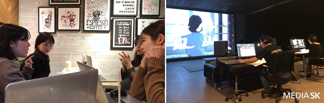 SUNNY의 회의 모습(왼쪽)과 영화에 화면해설을 입히는 작업(오른쪽)